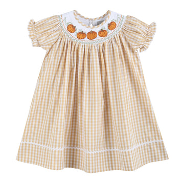 Light Brown Gingham Pumpkin Vine Smocked Bishop Dress - Lil Cactus