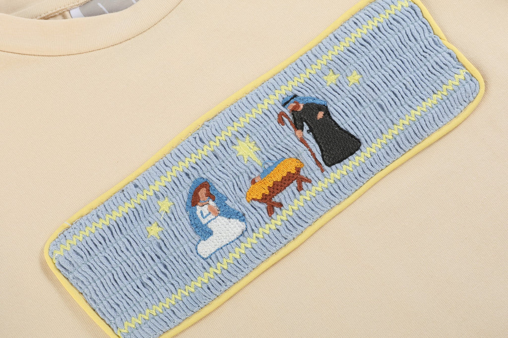 Light Brown Nativity Smocked Shirt and Blue Pants - Lil Cactus