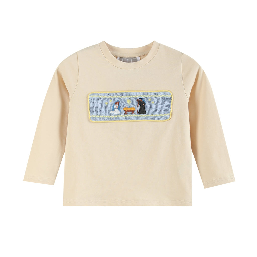 Light Brown Nativity Smocked Shirt and Blue Pants - Lil Cactus