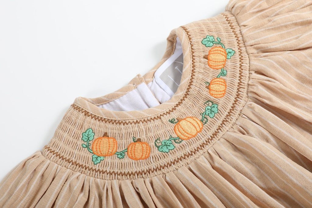 Light Brown Pinstripe Pumpkin Smocked Bishop Dress - Lil Cactus
