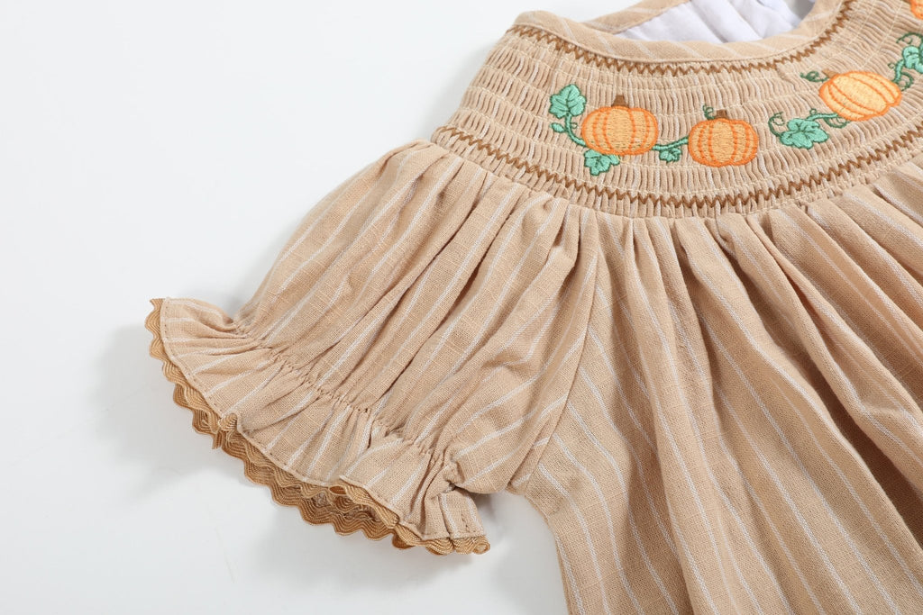 Light Brown Pinstripe Pumpkin Smocked Bishop Dress - Lil Cactus