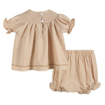 Light Brown Pinstripe Pumpkin Smocked Dress and Bloomer Set - Lil Cactus