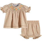 Light Brown Pinstripe Pumpkin Smocked Dress and Bloomer Set - Lil Cactus