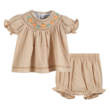 Light Brown Pinstripe Pumpkin Smocked Dress and Bloomer Set - Lil Cactus
