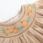 Light Brown Pinstripe Pumpkin Smocked Dress and Bloomer Set - Lil Cactus