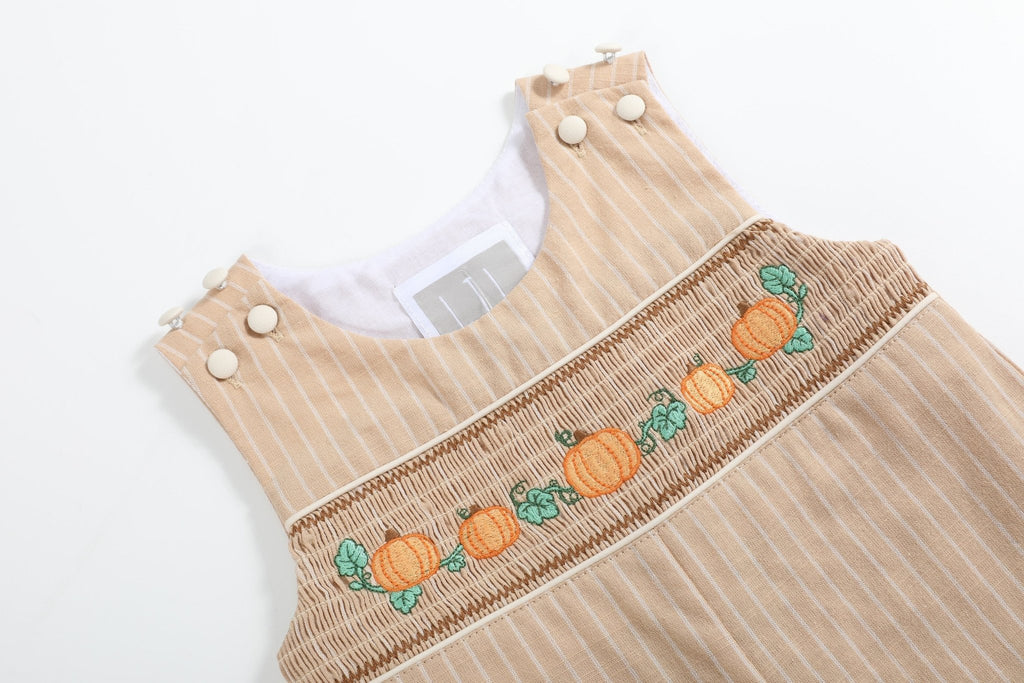 Light Brown Pinstripe Pumpkin Smocked Overalls - Lil Cactus