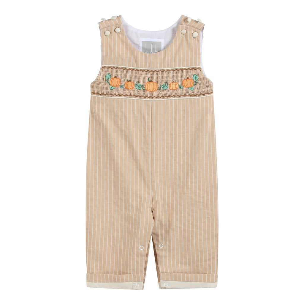Light Brown Pinstripe Pumpkin Smocked Overalls - Lil Cactus