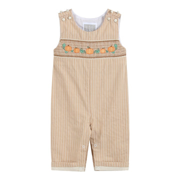 Light Brown Pinstripe Pumpkin Smocked Overalls - Lil Cactus