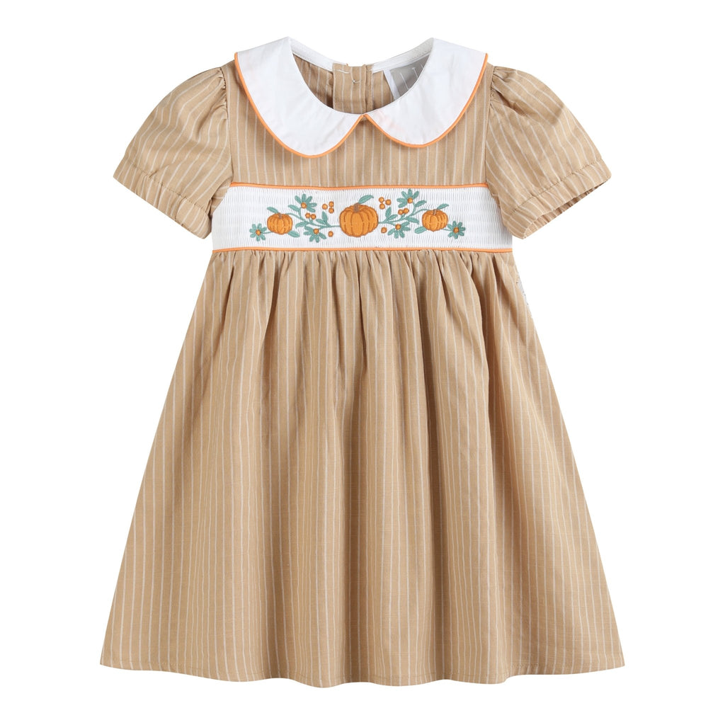 Light Brown Pumpkin Smocked Collared Dress - Lil Cactus