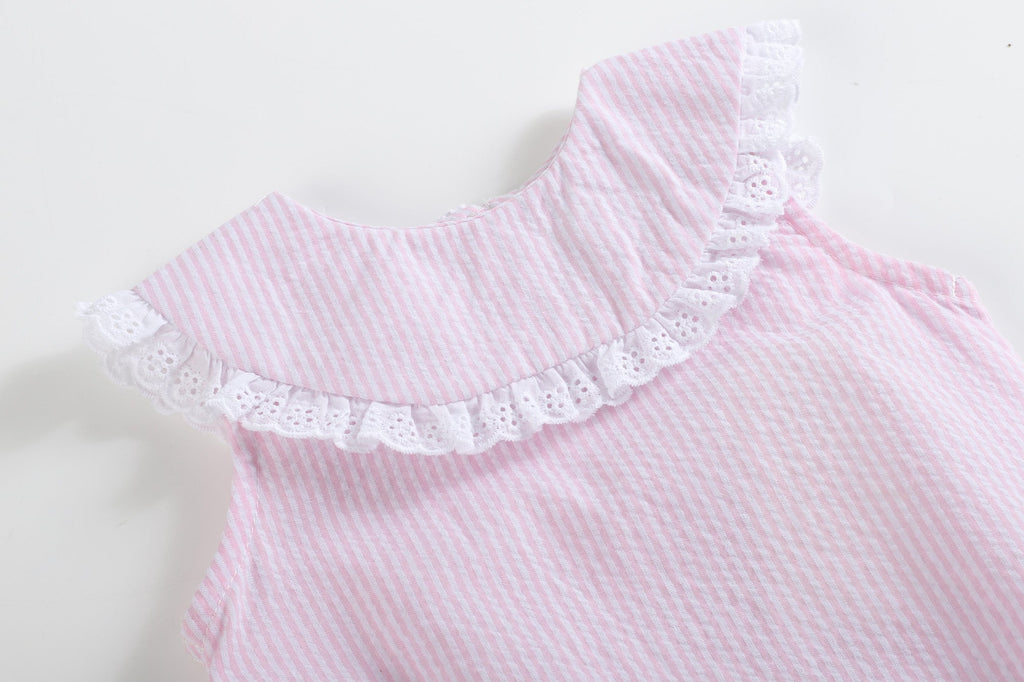 Light Pink Seersucker Collared Bubble Romper - Lil Cactus