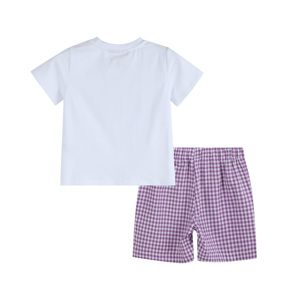Mardi Gras Smocked Tee and Purple Gingham Shorts Set - Lil Cactus