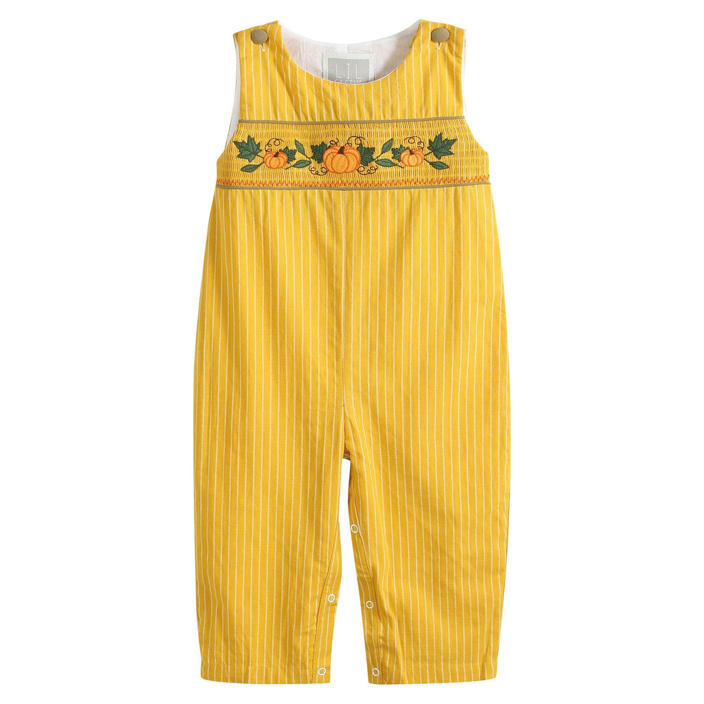 Mustard Pinstripe Smocked Pumpkin Overalls - Lil Cactus