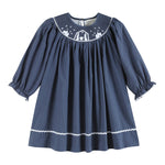 Navy Blue Nativity Long Sleeve Smocked Bishop Dress - Lil Cactus