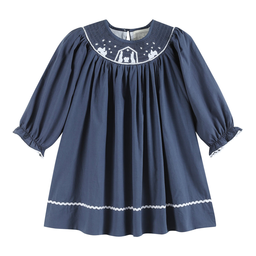 Navy Blue Nativity Long Sleeve Smocked Bishop Dress - Lil Cactus