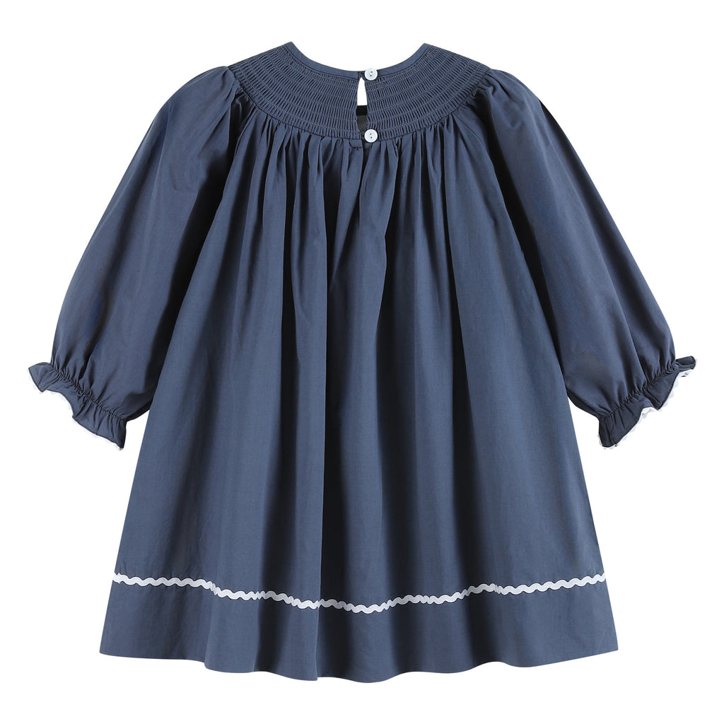 Navy Blue Nativity Long Sleeve Smocked Bishop Dress - Lil Cactus