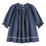 Navy Blue Nativity Long Sleeve Smocked Bishop Dress - Lil Cactus