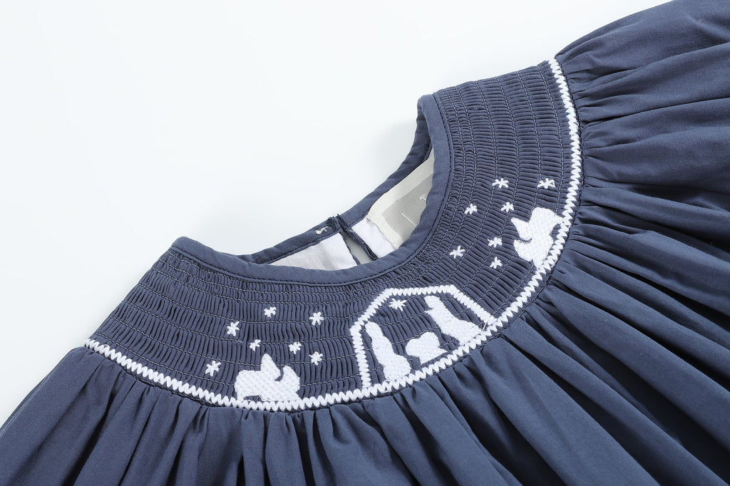 Navy Blue Nativity Long Sleeve Smocked Bishop Dress - Lil Cactus