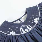 Navy Blue Nativity Long Sleeve Smocked Bishop Dress - Lil Cactus