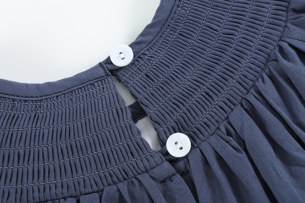 Navy Blue Nativity Long Sleeve Smocked Bishop Dress - Lil Cactus