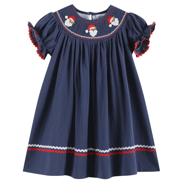 Navy Blue Santa Smocked Bishop Dress - Lil Cactus