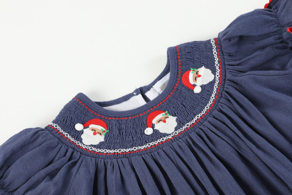 Navy Blue Santa Smocked Bishop Dress - Lil Cactus