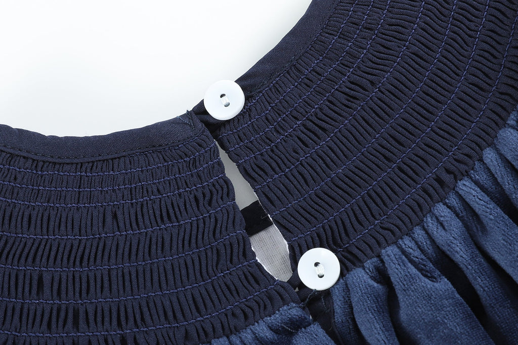 Navy Blue Velvet Gold Nativity Smocked Bishop Dress - Lil Cactus