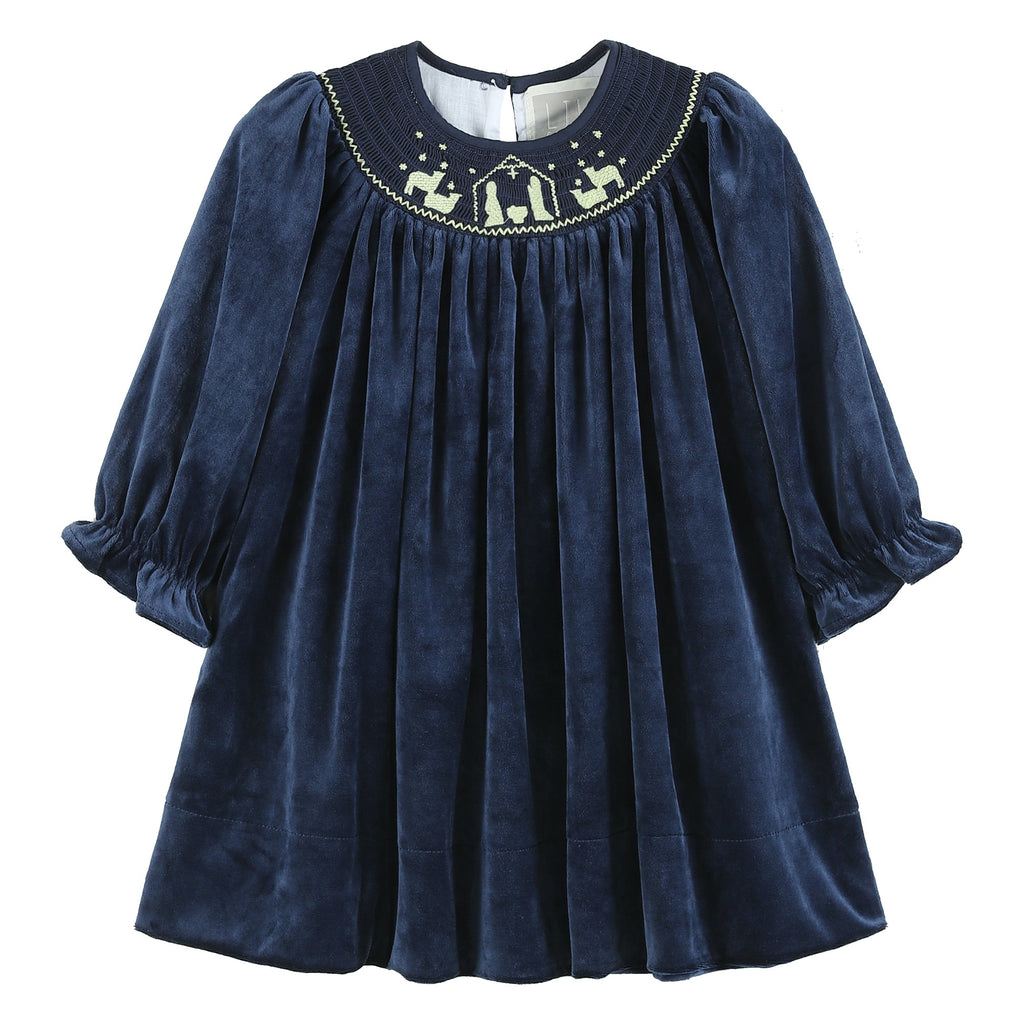 Navy Blue Velvet Gold Nativity Smocked Bishop Dress - Lil Cactus