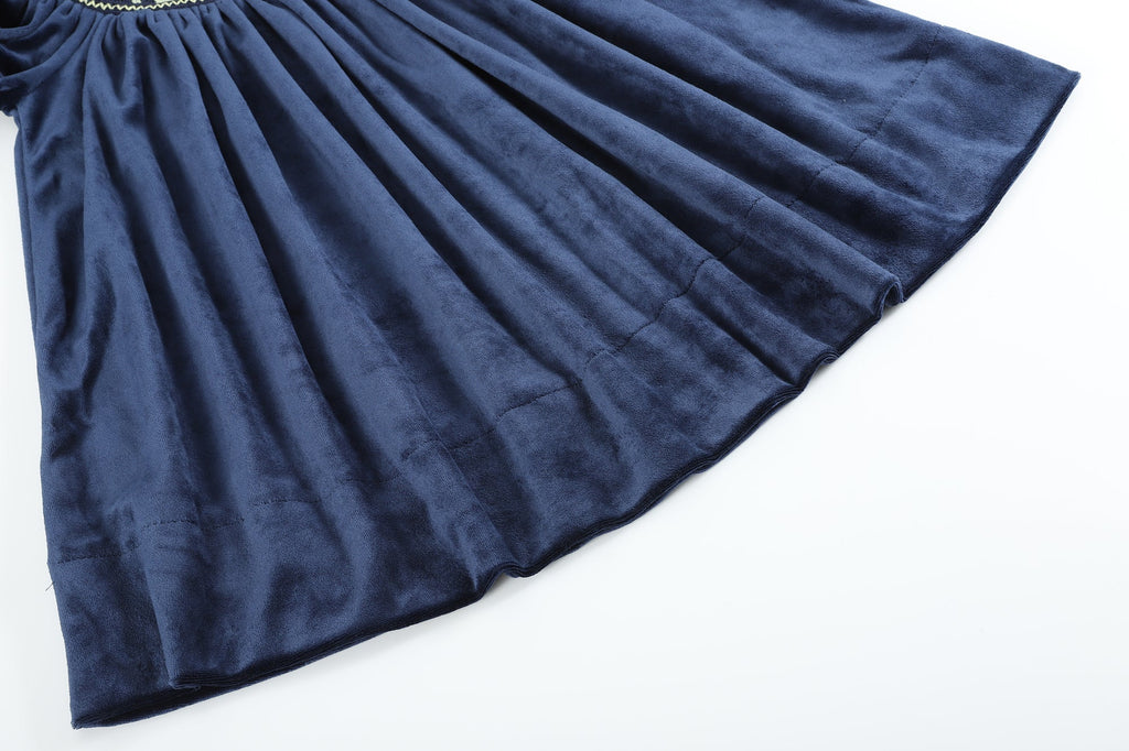 Navy Blue Velvet Gold Nativity Smocked Bishop Dress - Lil Cactus