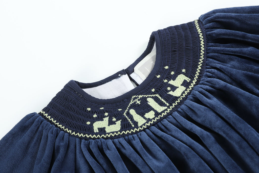 Navy Blue Velvet Gold Nativity Smocked Bishop Dress - Lil Cactus