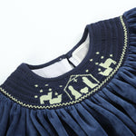 Navy Blue Velvet Gold Nativity Smocked Bishop Dress - Lil Cactus
