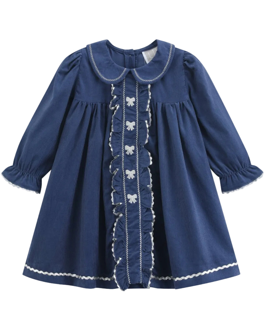 Navy Corduroy Ruffle Dress with Silver Bows - Lil Cactus