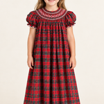On-model draft of the Red Christmas Plaid Smocked Bishop Dress