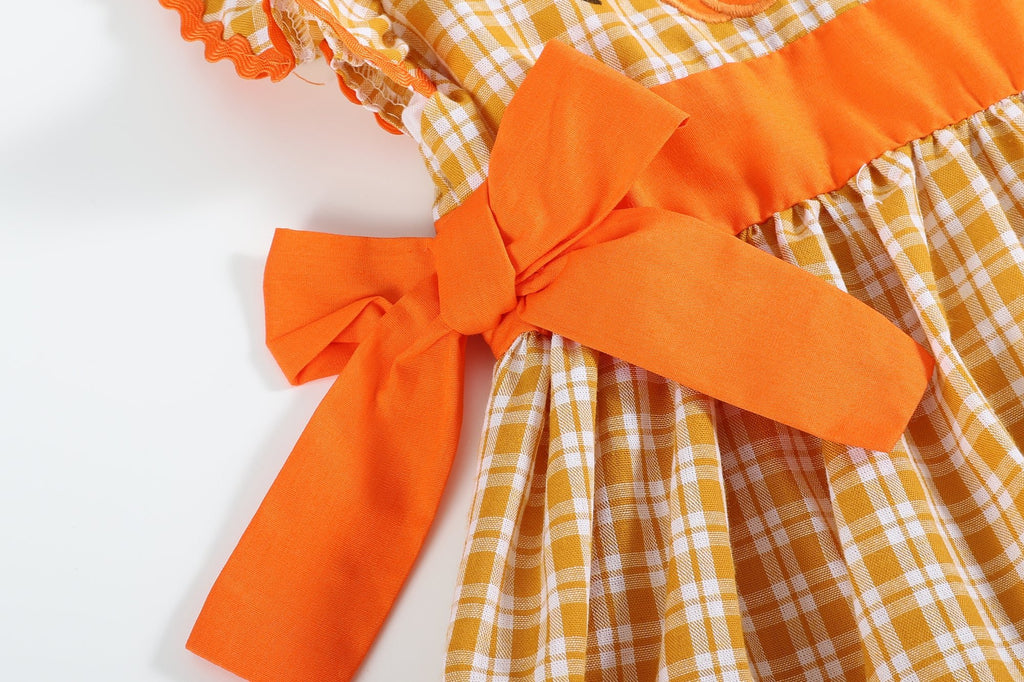 Orange Gingham Ruffle Pumpkin Bow Dress - Lil Cactus