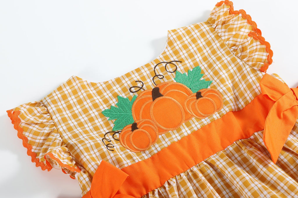Orange Gingham Ruffle Pumpkin Bow Dress - Lil Cactus