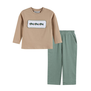 Oyster Brown Big Mouth Bass Smocked Shirt and Pants Set - Lil Cactus
