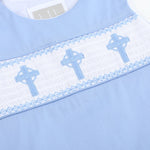 Periwinkle Blue Crosses Smocked Shortalls - Lil Cactus