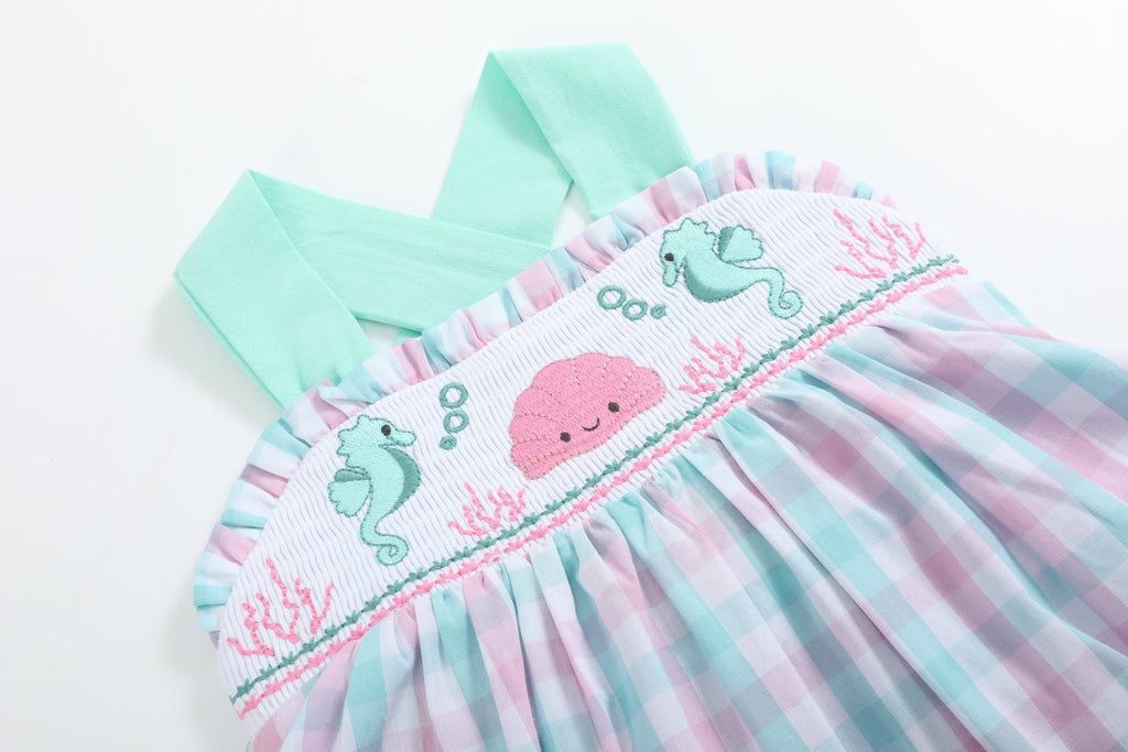 Pink and Aqua Seashell Smocked Sundress - Lil Cactus
