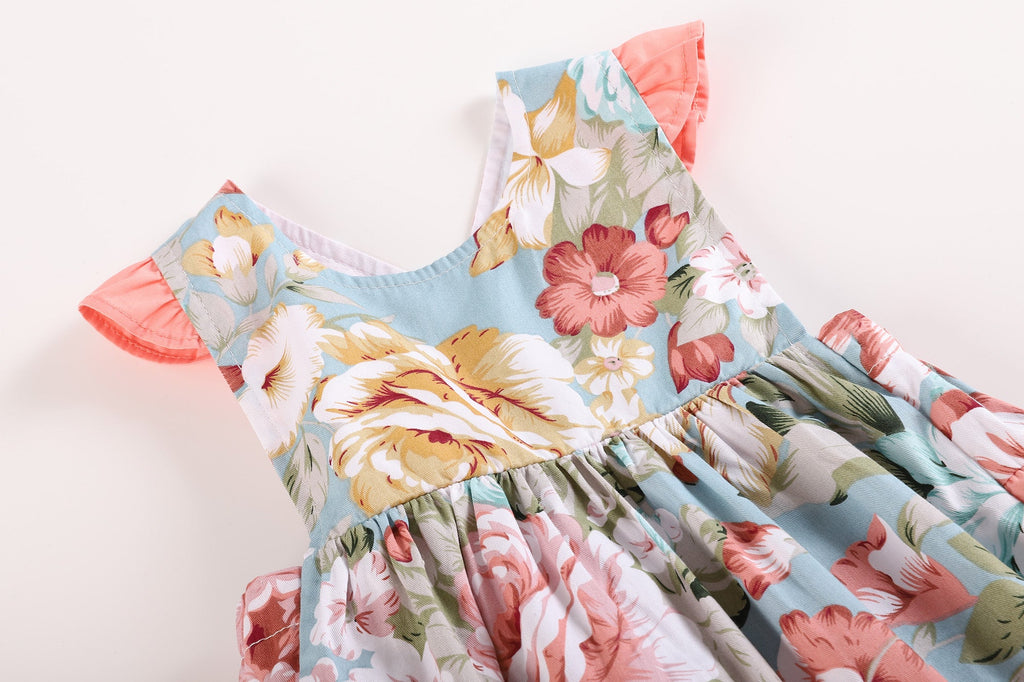 Pink and Blue Floral Print Ruffle Romper - Lil Cactus