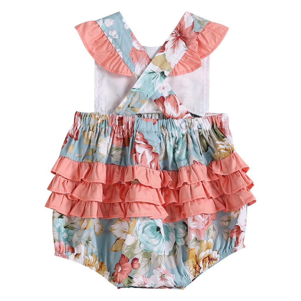 Pink and Blue Floral Print Ruffle Romper - Lil Cactus