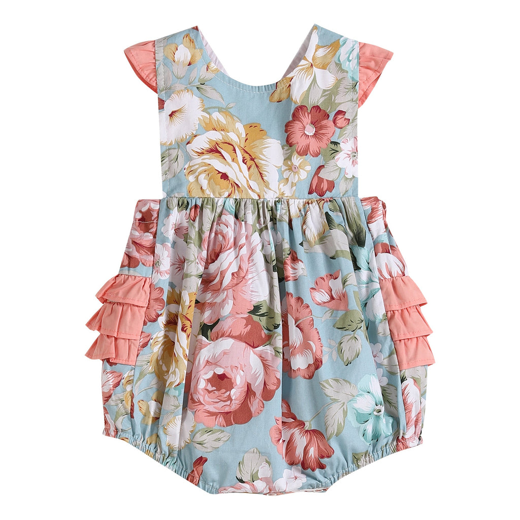 Pink and Blue Floral Print Ruffle Romper - Lil Cactus