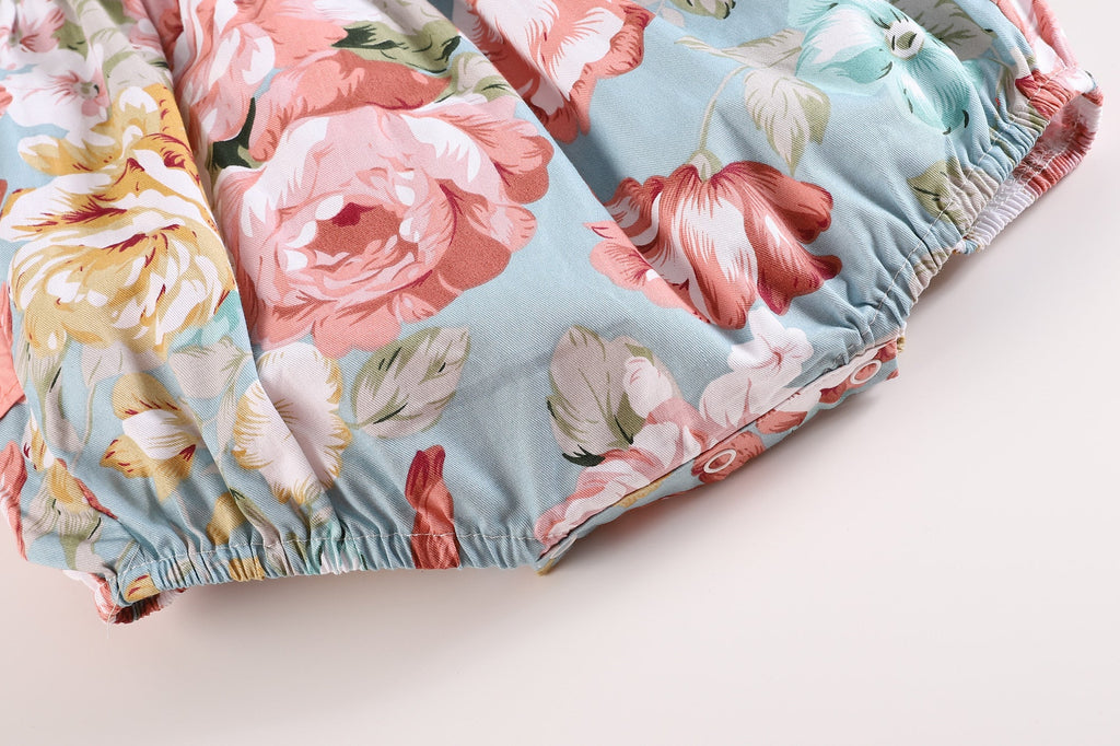 Pink and Blue Floral Print Ruffle Romper - Lil Cactus