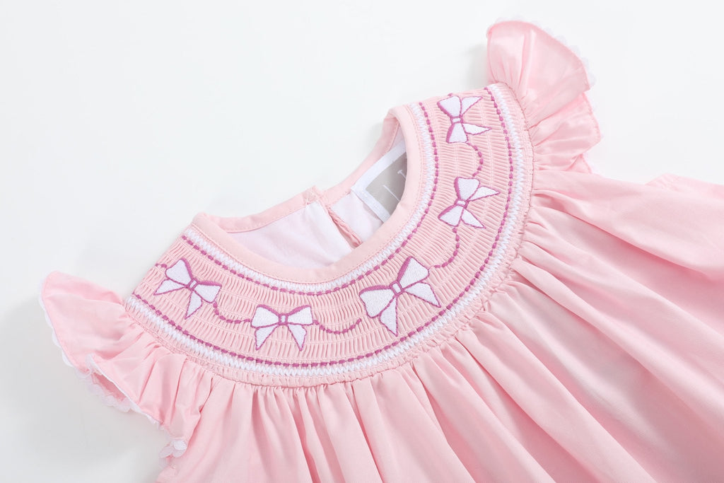 Pink and White Bows Smocked Bishop Dress - Lil Cactus