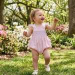 Pink and White bows Smocked Ruffle Romper - Lil Cactus