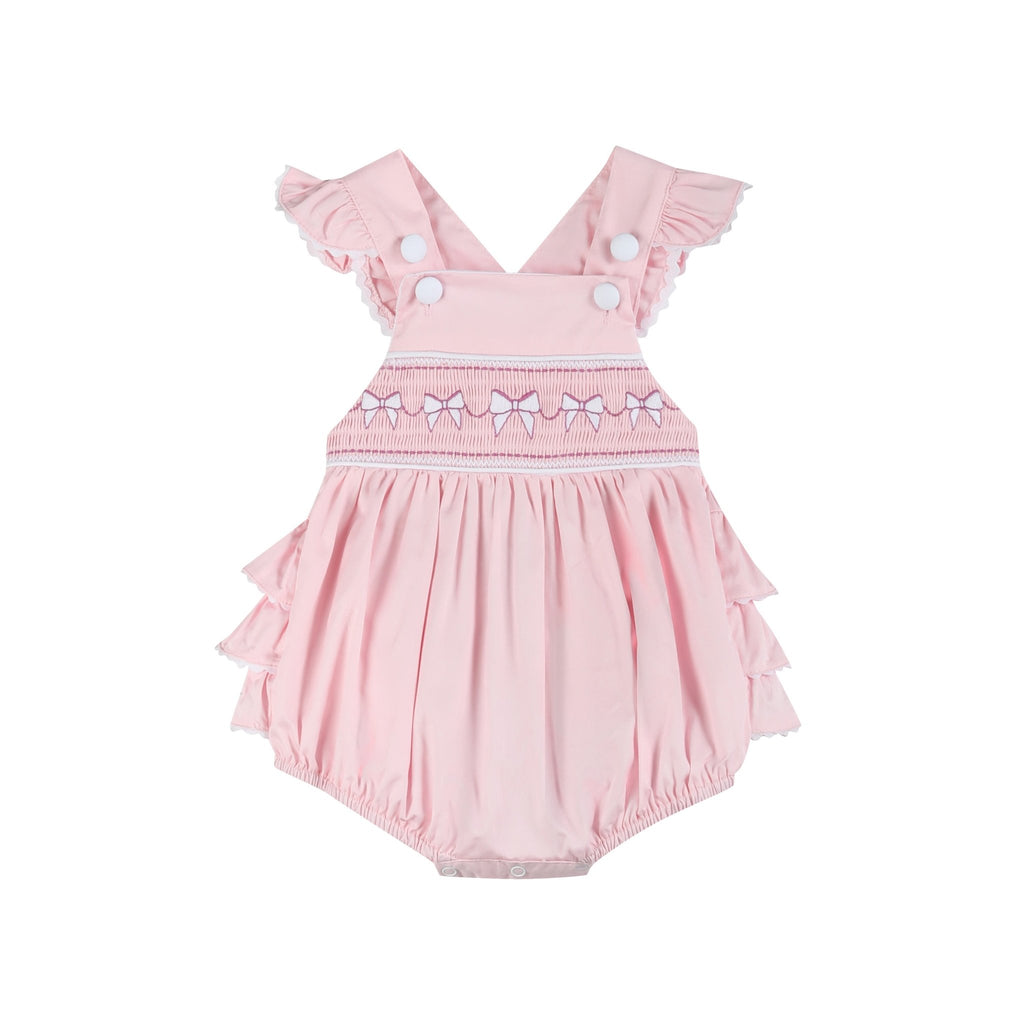 Pink and White bows Smocked Ruffle Romper - Lil Cactus
