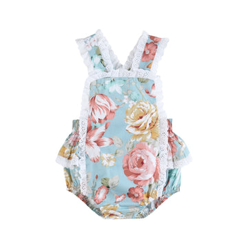 Pink & Blue Floral and Lace Bow Ruffle Romper - Lil Cactus