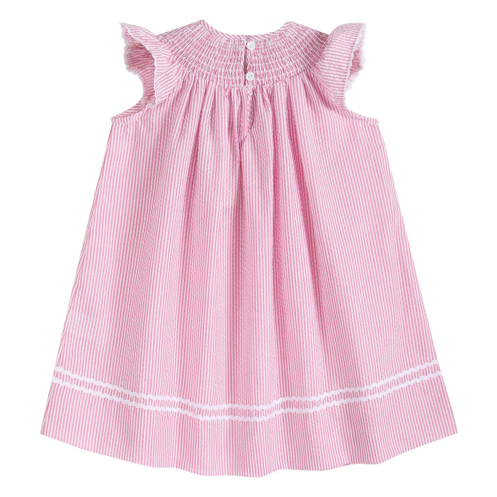 Pink Seersucker Running Bunnies Smocked Bishop Dress - Lil Cactus