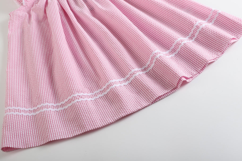 Pink Seersucker Running Bunnies Smocked Bishop Dress - Lil Cactus