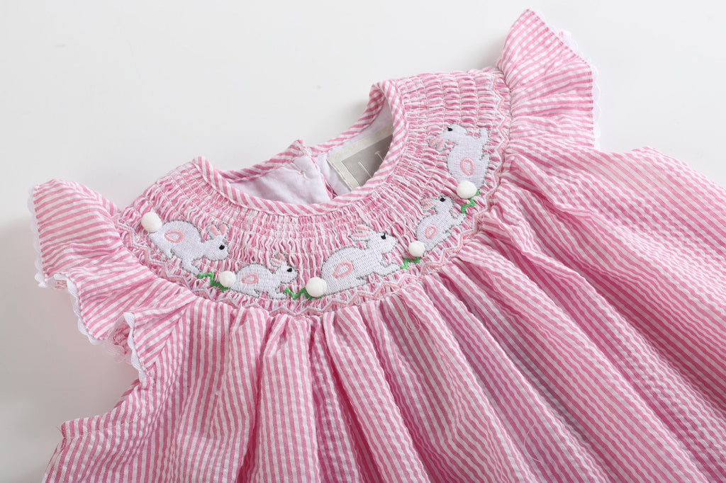 Pink Seersucker Running Bunnies Smocked Bishop Dress - Lil Cactus