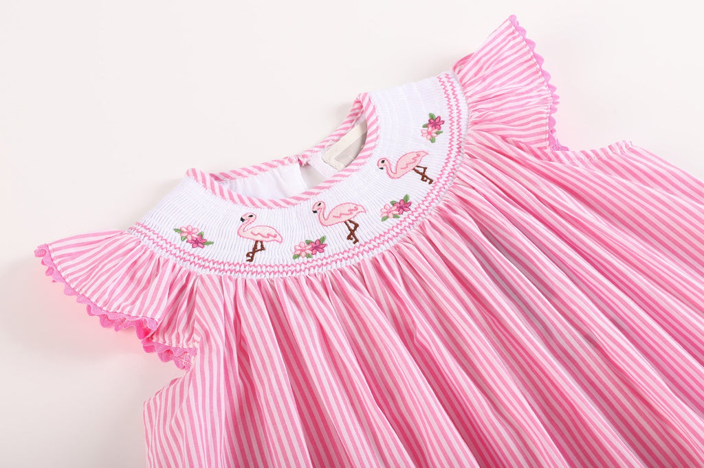 Pink Striped Flamingo Smocked Bishop Dress - Lil Cactus