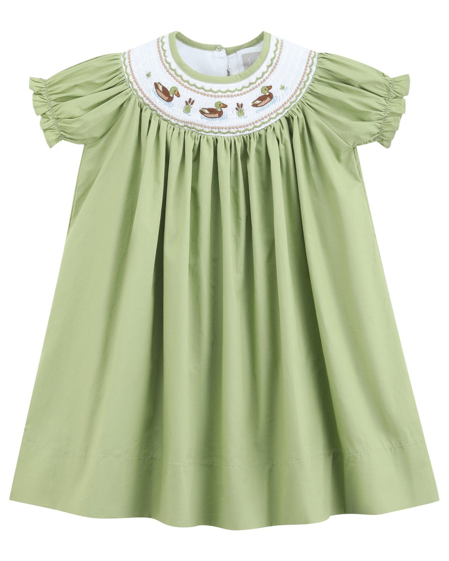 Pistachio Green Mallard Duck Smocked Bishop Dress - Lil Cactus